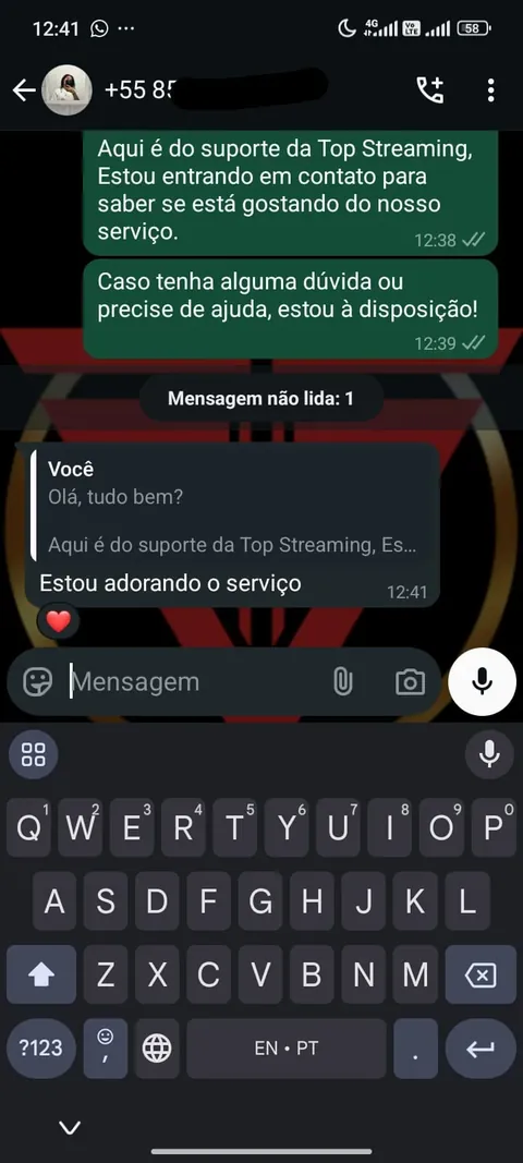 Depoimento de cliente Top Streaming no WhatsApp