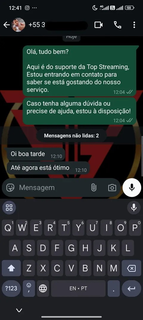 Depoimento de cliente Top Streaming no WhatsApp