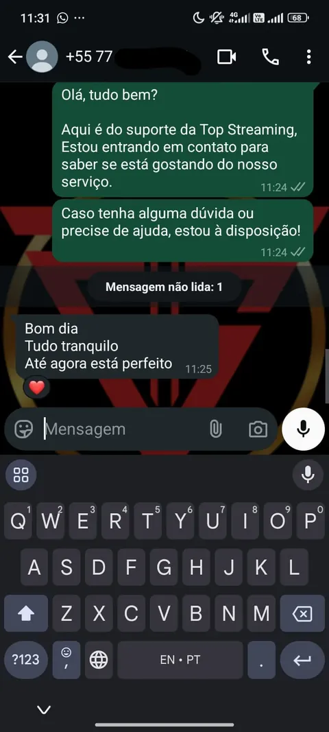 Depoimento de cliente Top Streaming no WhatsApp
