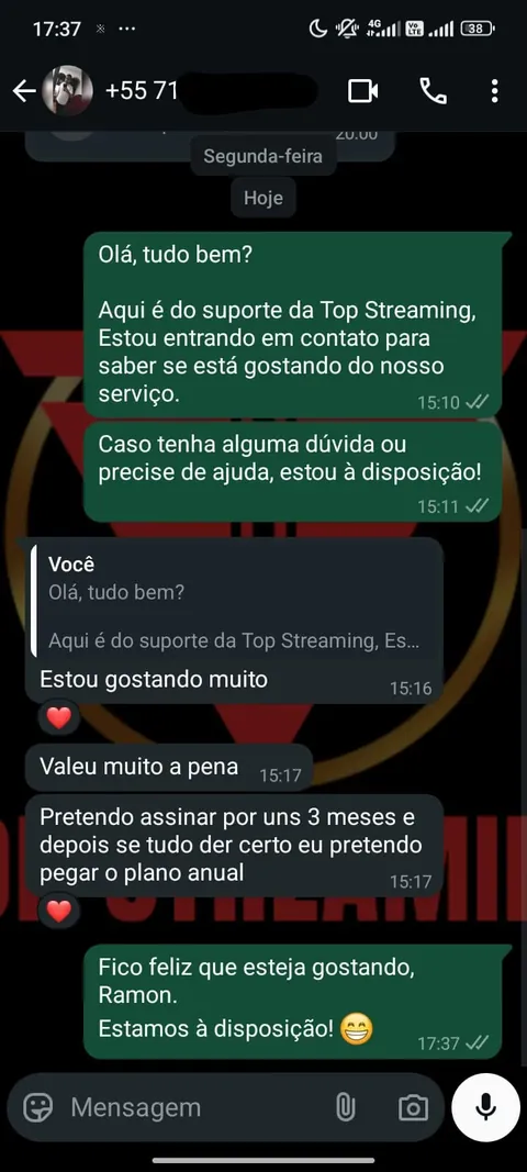 Depoimento de cliente Top Streaming no WhatsApp