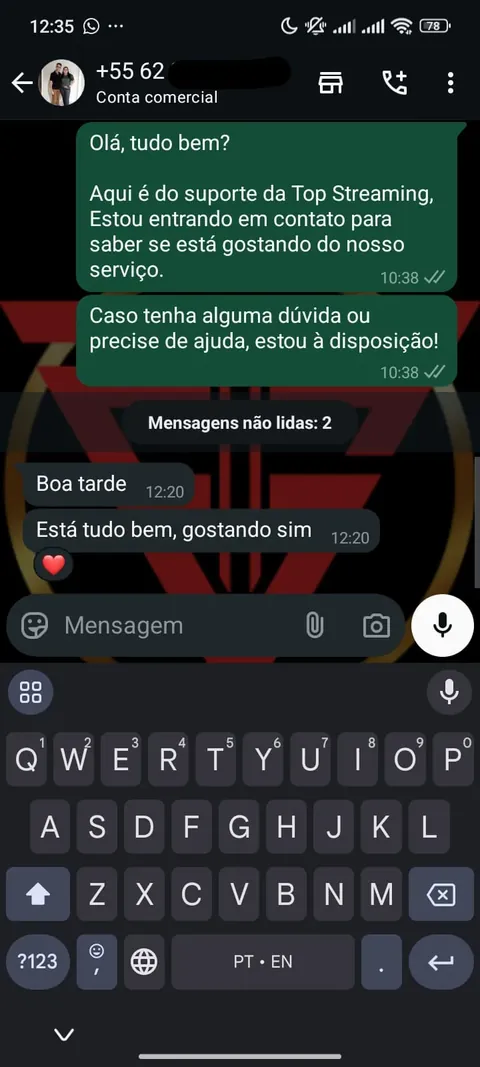 Depoimento de cliente Top Streaming no WhatsApp