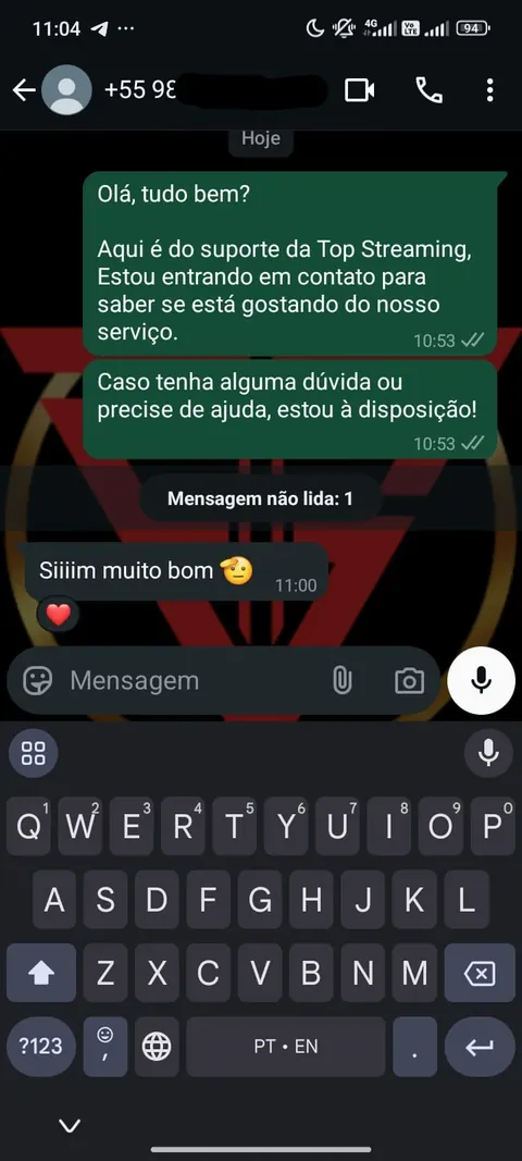 Depoimento de cliente Top Streaming no WhatsApp