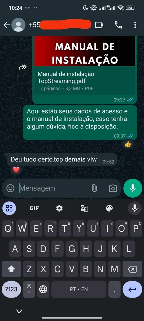 Depoimento de cliente Top Streaming no WhatsApp