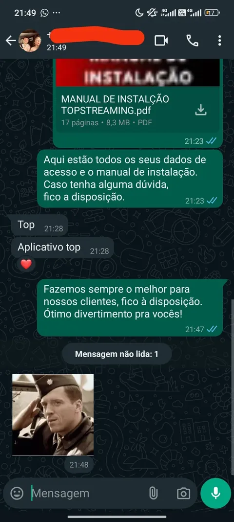 Depoimento de cliente Top Streaming no WhatsApp